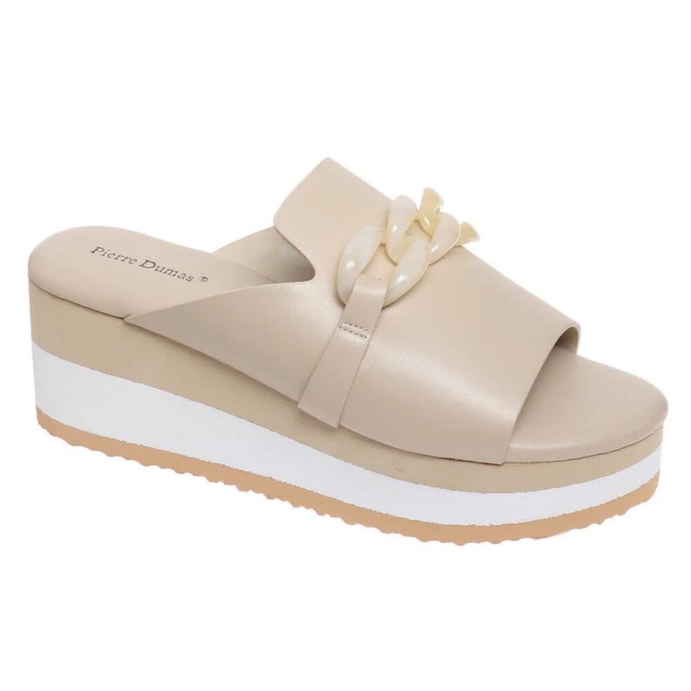 NWOB PIERRE DUMAS Women's PLATFORM SANDAL "SAINT 1" Faux Leather Beige Size 10